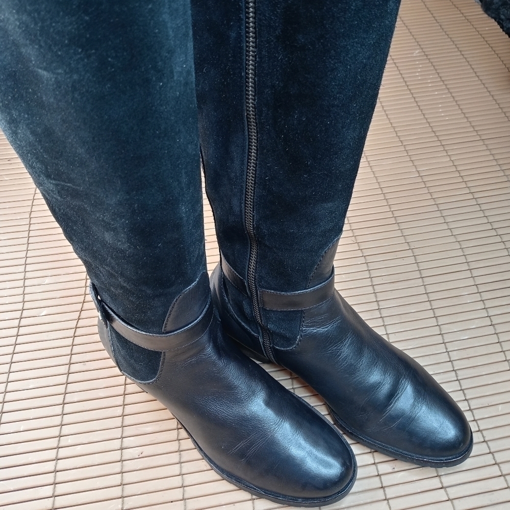 Cole Haan NkeAir women's riding boots. Black leather and suede 16" tall side zip